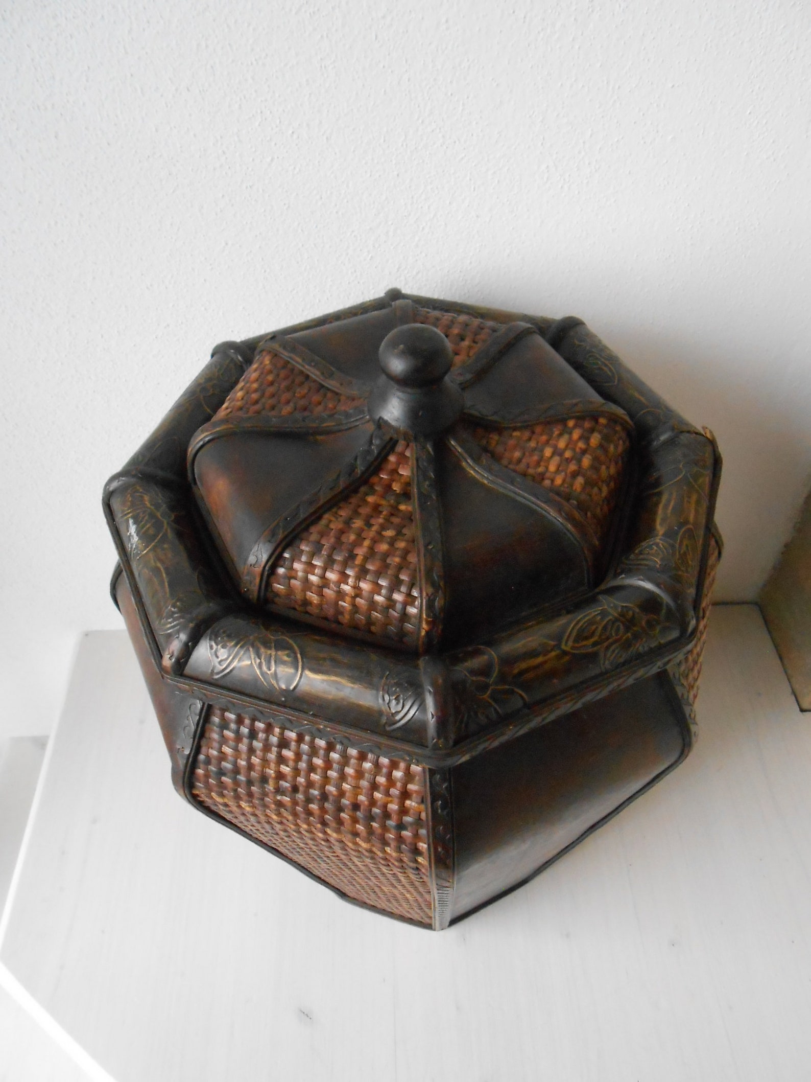 Vintage Bamboo Basket With Lid Large Brown Wooden Basket Etsy