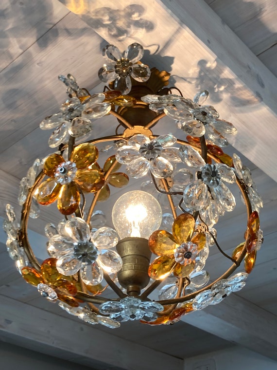 Vintage Chandelier Crystal Flowers Ball 1950s