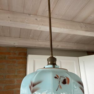 Vintage Chandelier Suspension Lamp Blue Opaline Glass 1950s Decorated