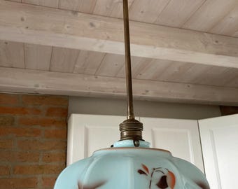 Vintage Chandelier Suspension Lamp Blue Opaline Glass 1950s Decorated