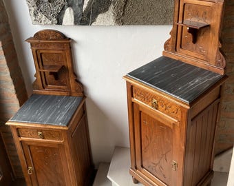 Vintage Nightstands Set of 2 Early 1920s Walnut Wood Bedsides Grey Marble Top Cottagecore