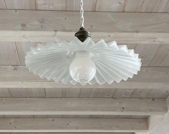 Vintage Chandelier Suspension Lamp Opaline Glass 1950s