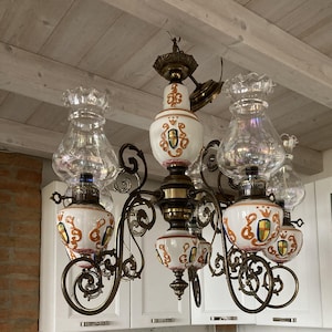 Vintage Large Chandelier 5 Arms Porcelain Glass Globes 1930s