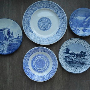 Vintage Plates Blue Wall Decor Set of 5 Collectibles Cottagecore