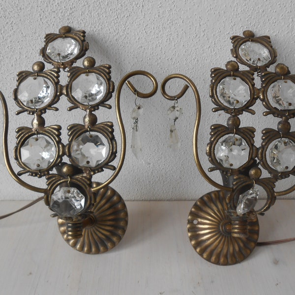 Vintage Sconces Bronze Crystals Appliques Set of 2 Antique Bedside