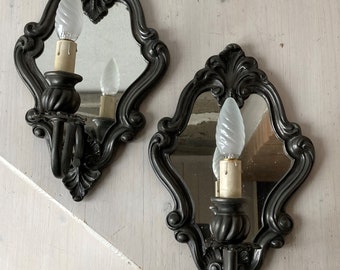 Vintage Sconces Pewter Mirror Appliques Set of 2 Antique Bedside Wall Lamps