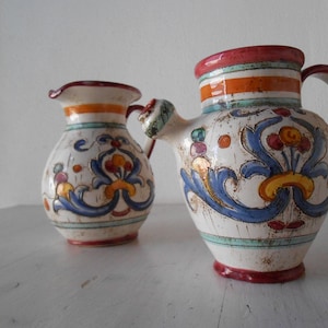 Vintage Jugs Deruta Ceramic Set of 2 Handpainted Carafes Made in Italy Pitchers