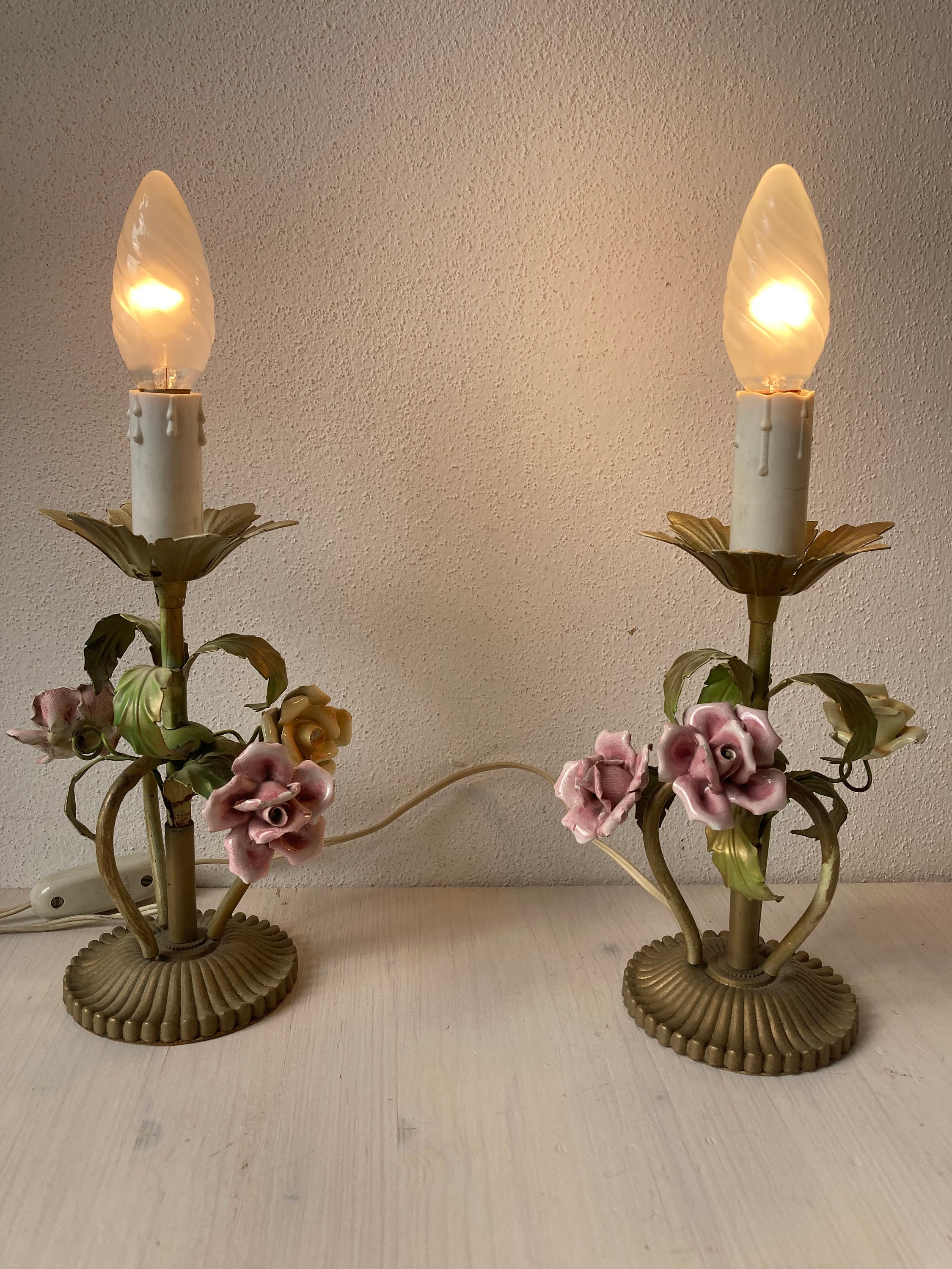 Vintage Table Lamps Roses Abatjour Set of 2 1940s Etsy