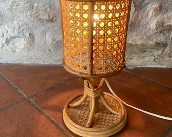 Vintage Table Lamp Bamboo Rattan Abat-Jour 1970s