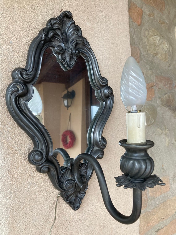Vintage Sconces Pewter Mirror Appliques Set of 2 Antique Bedside Wall Lamps