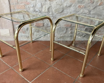 Vintage Nightstands Couple Brass and Glass 80s Occasional Table