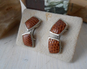 Vintage Cufflinks Leather Snake Print 1960s Metal