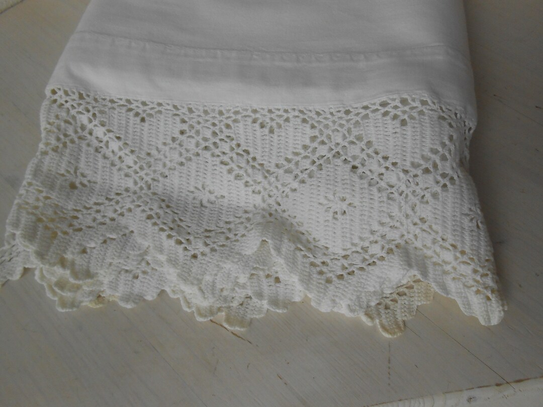 Vintage Double Bed Linen Sheet 1950s Crochet Edge Embroidery Monograms