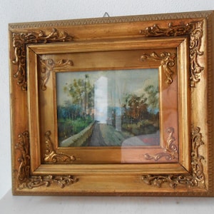 Vintage Ölgemälde Landschaft Blattgoldrahmen Wanddeko 60s