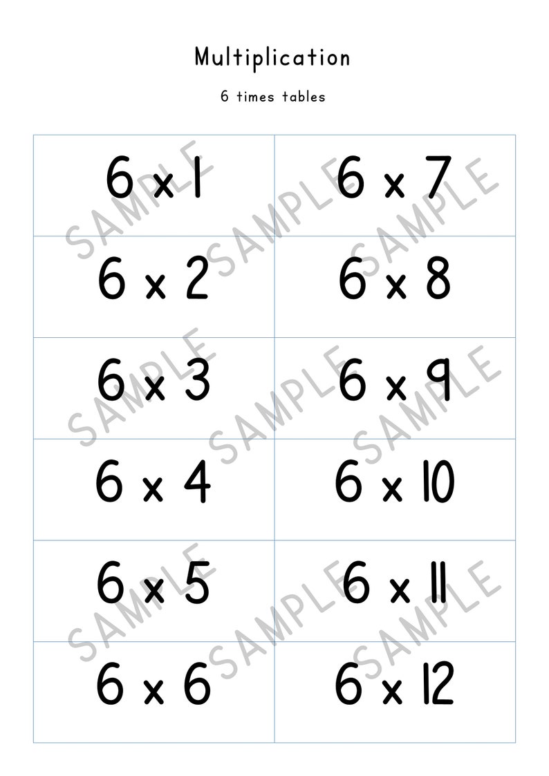 Multiplication 6 to 12 times table flash cards math | Etsy