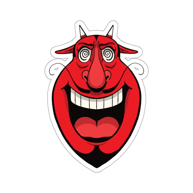 K&ouml;nnte beinhalten: Ein rotes Cartoon-Teufelskopf mit einem weit ge&ouml;ffneten Mund, der wei&szlig;e Z&auml;hne und einen schwarzen Schnurrbart zeigt. Der Teufel hat wirbelnde Augen und H&ouml;rner.