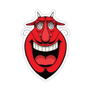 K&ouml;nnte beinhalten: Ein rotes Cartoon-Teufelskopf mit einem weit ge&ouml;ffneten Mund, der wei&szlig;e Z&auml;hne und einen schwarzen Schnurrbart zeigt. Der Teufel hat wirbelnde Augen und H&ouml;rner.