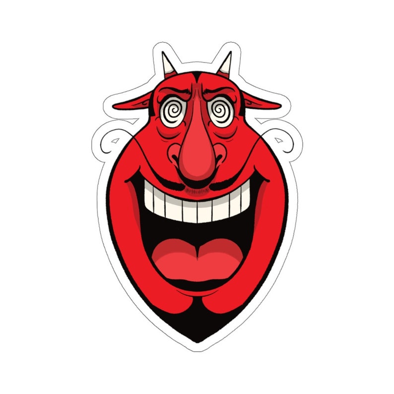 K&ouml;nnte beinhalten: Ein rotes Cartoon-Teufelskopf mit einem weit ge&ouml;ffneten Mund, der wei&szlig;e Z&auml;hne und einen schwarzen Schnurrbart zeigt. Der Teufel hat wirbelnde Augen und H&ouml;rner.