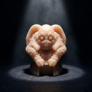 May include: A light beige, textured figurine of a creature with large ears, a skeletal face, and clawed hands and feet. The figure is lit by a spotlight against a dark background.