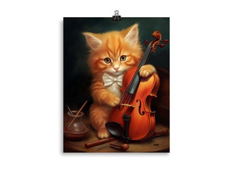 cat playing violin poster, cat lover gift, perfect wall art for violin lover, classic music cute poster, teacher gift, children print art