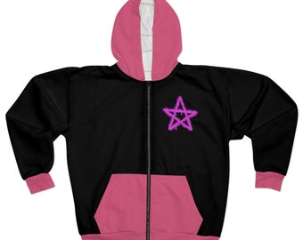 Pink baphomet Unisex Zip Hoodie, girly goth pagan jacket, gothic woman zipped hoodies, witch occult clothing, punk cute jacket