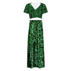 Matrix code Women&#39;s Two Piece Outfit V-Neck Top and Long Skirt Set, sexy binary code dress, cyberpunk evening dress