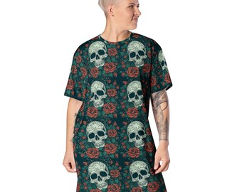 gothic skull and rose tshirt dress, goth skull head dress, punk short sleeve dress, grunge summer dress,