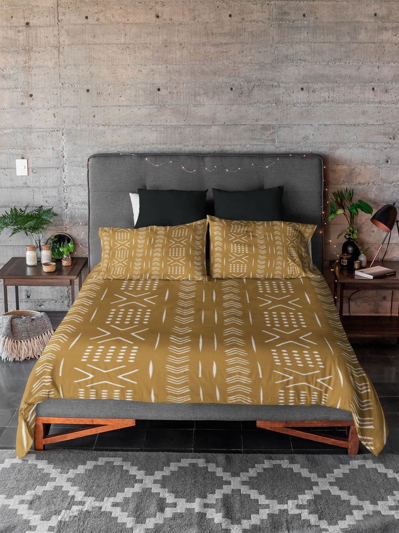Mudcloth Mustard Yellow Boho Duvet Cover Bedding Set Etsy