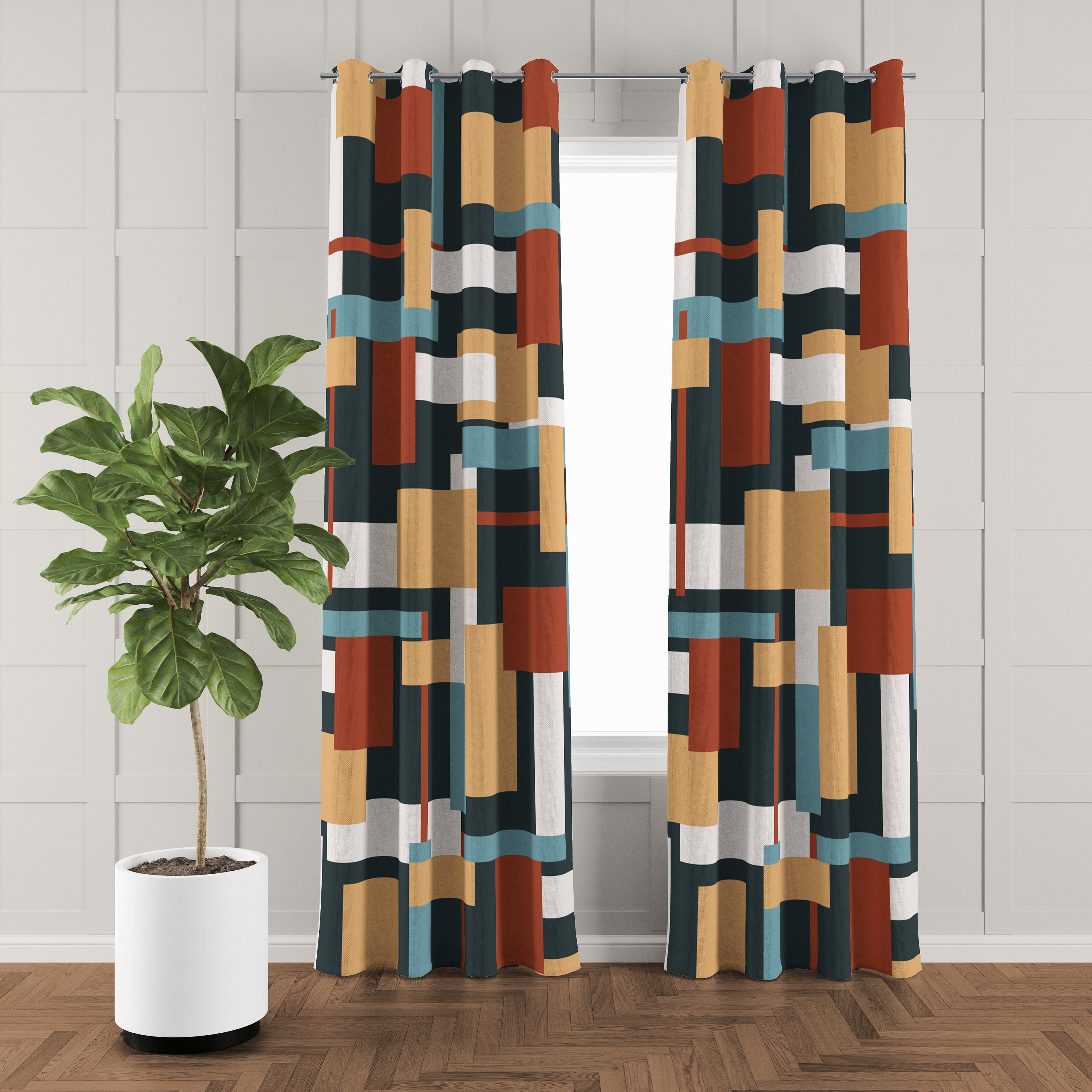 Geometric Shapes Mid Century Modern Window Curtains Bauhaus Etsy