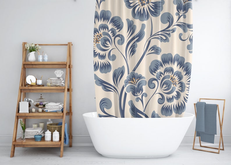 Navy blue retro classic floral farmhouse shower curtain Etsy