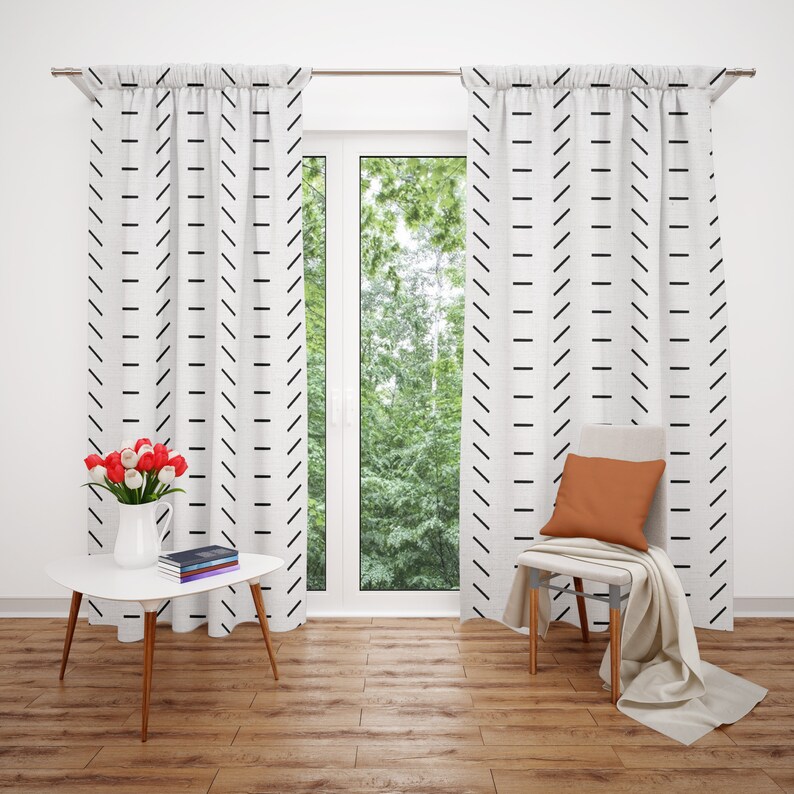 Minimalist Black And White Mudcloth Boho Window Curtains Etsy