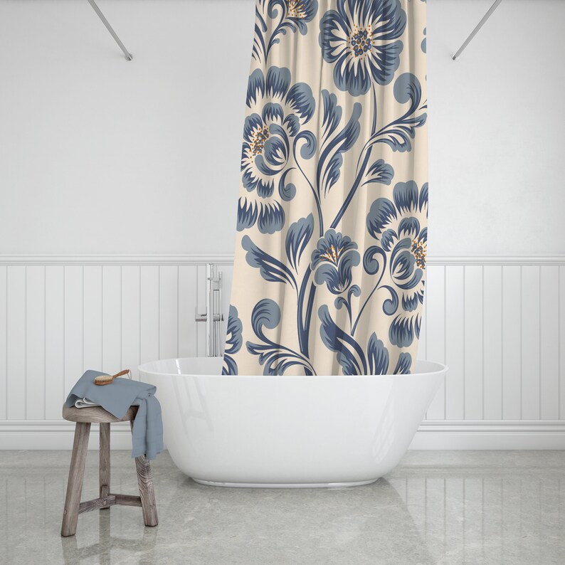 Navy blue retro classic floral farmhouse shower curtain Etsy