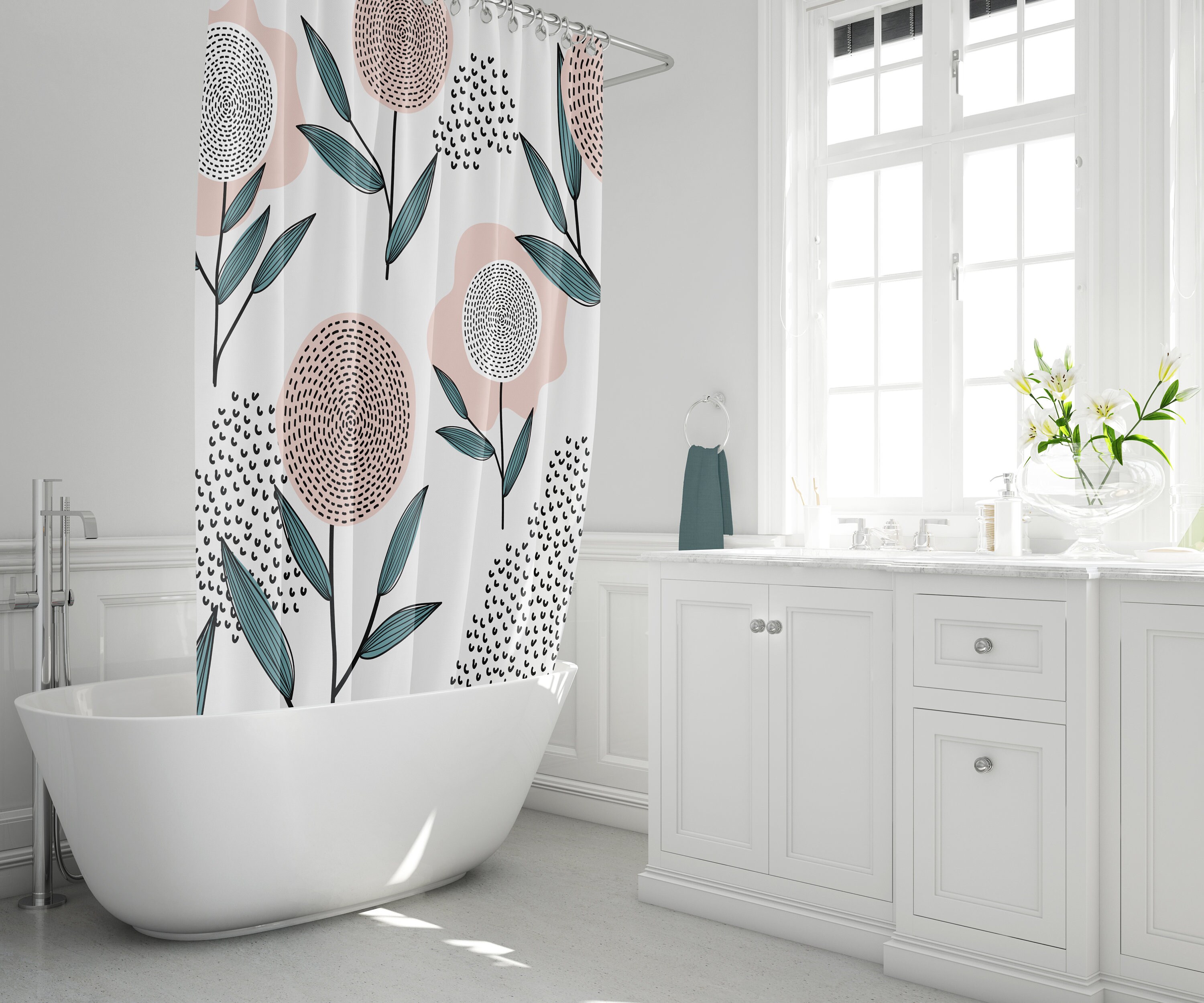 Abstract dusty pink retro floral boho shower curtain Etsy