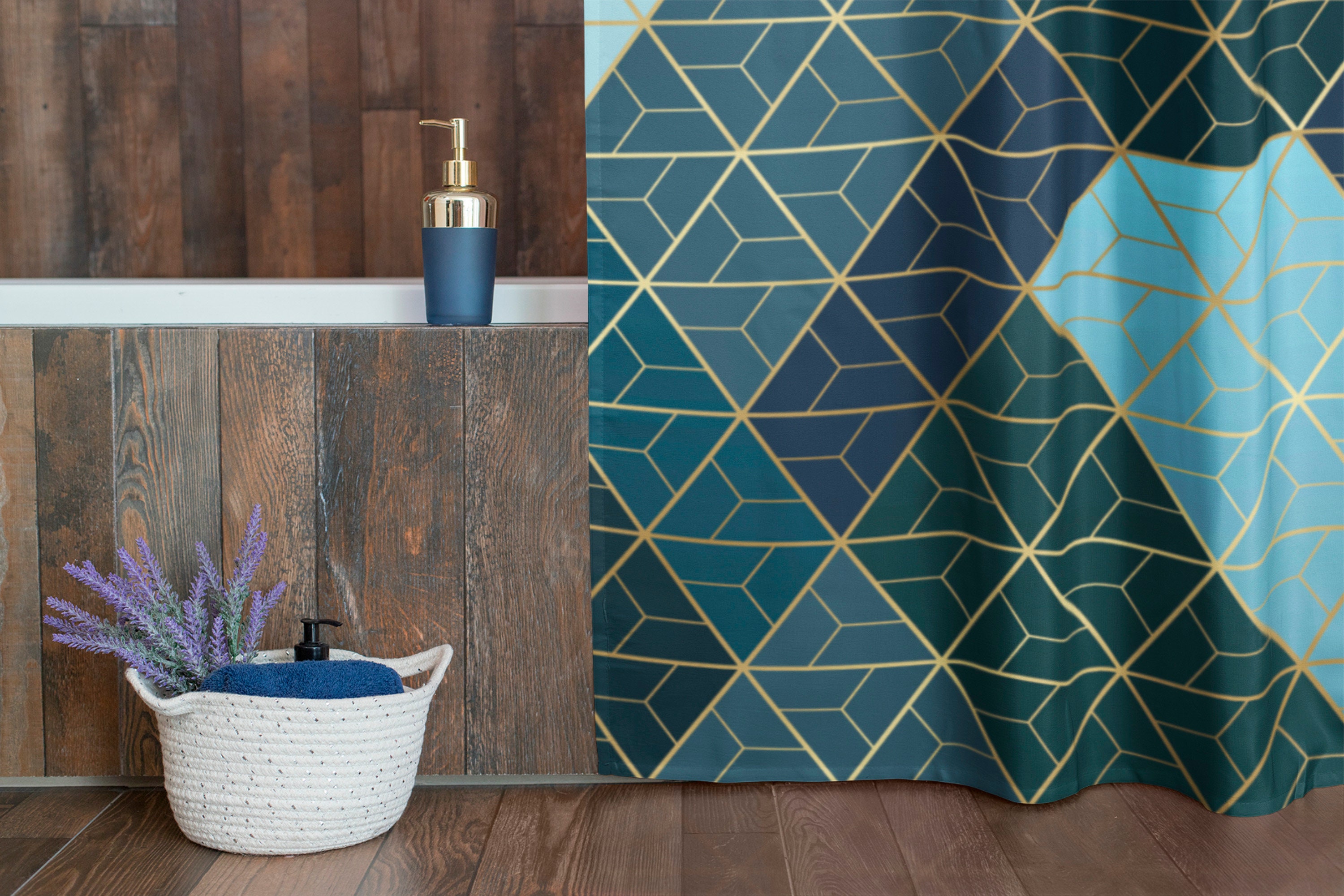 Navy Blue Shades Gold Mosaic Shower Curtain Modern Shower Etsy