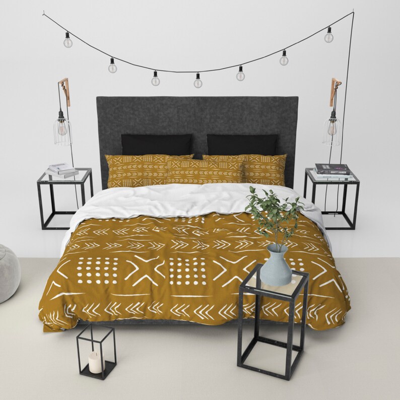 Mudcloth Mustard Yellow Boho Duvet Cover Bedding Set Etsy