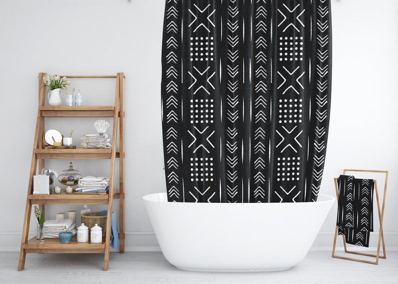 Mudcloth Print Black and White Shower Curtain Boho Shower Etsy