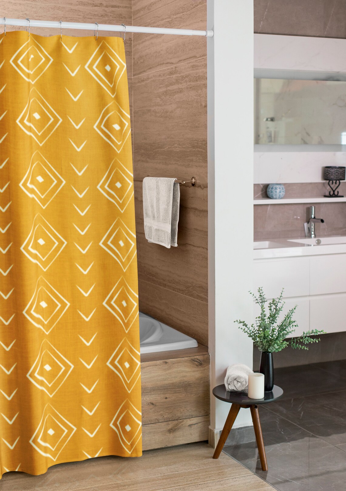 African mudcloth yellow shower curtain Boho shower curtain Etsy