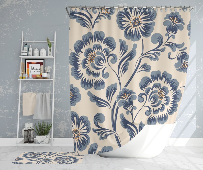 Navy blue retro classic floral farmhouse shower curtain Etsy