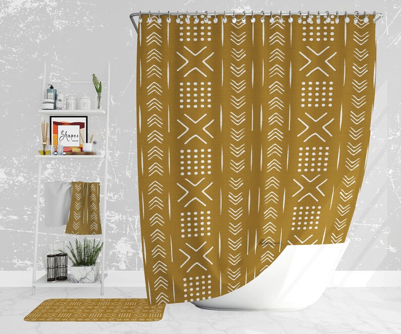 Mustard yellow mudcloth shower curtain Boho shower curtain Etsy