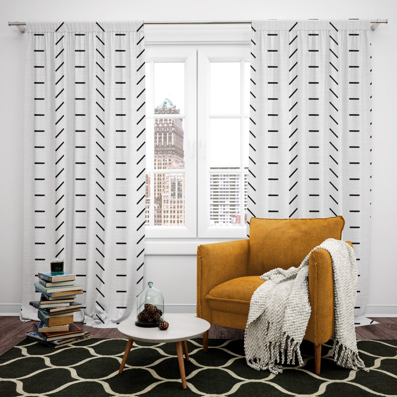 Minimalist Black And White Mudcloth Boho Window Curtains | Etsy