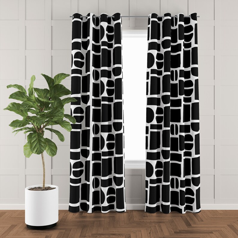 Mid Century Modern Black And White Geometric Window Curtains Etsy