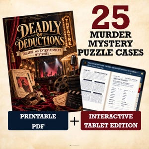 May include: A Deadly Deductions Theatre and Entertainment Mysteries game set featuring 25 murder mystery puzzle cases. Includes a printable PDF and an interactive tablet edition with a digital deduction worksheet for case 01 Historic Theatre.