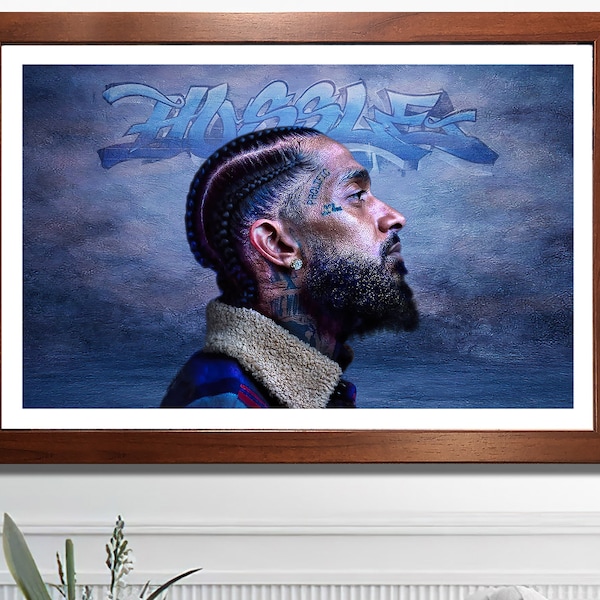 Nipsey Hussle art canvas art with blue background. Ready-to-hang for bedroom or living room wall. Better than a poster!