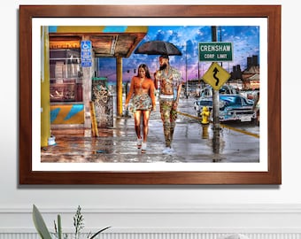 May include: A couple walks down a city street under an umbrella. The man is wearing camouflage pants and a black shirt. The woman is wearing a short orange and white skirt and a matching top. The street is wet from the rain and there is a sign that says "CRENSHAW CORP. LIMIT" in the background.