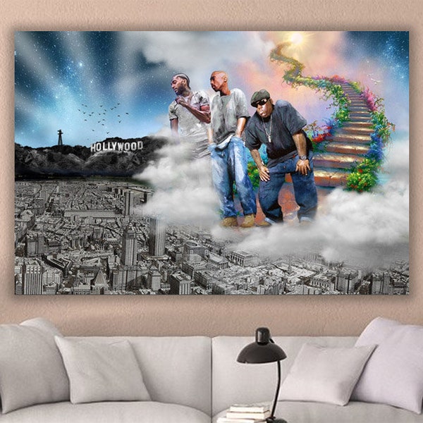 Nipsey Hussle, Notorious B.I.G. (Biggie Smalls), et Tupac Shakur (2Pac) in heaven, Canvas art print. Grand cadeau. Mieux qu’une affiche !