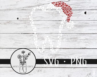 May include: A white tooth outline with a red Santa hat made of teeth. The tooth outline is surrounded by a white wood background. The text "SVG - PNG" is below the tooth outline. A black circle with a white outline contains a drawing of a mason jar with flowers and the text "KATIE'S CUPBOARD CRAFTS".