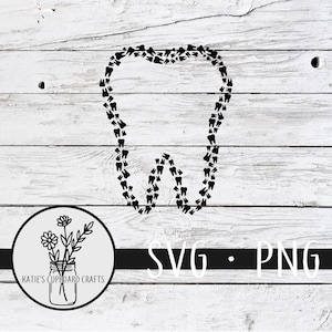 May include: Black and white SVG and PNG digital download of a tooth outline made of smaller tooth shapes. The image is on a white wood background with a small floral design and the text "KATIE'S CUPBOARD CRAFTS" in a circle.