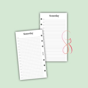 May include: Two white pages with "Someday" printed at the top. Each page has a checklist with checkboxes and lined spaces for writing. The pages have six holes punched along the left side.