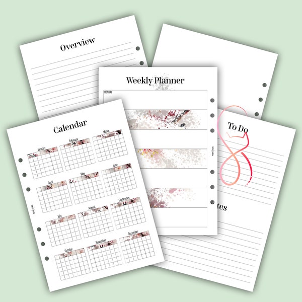 Weekly Planner Inserts For A5 Size Planner, Undated Weekly View Page, Weekly Overview Page, Flower Inserts, Non Editable