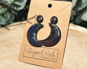 Dark Rainbow Glitter Moon Earrings